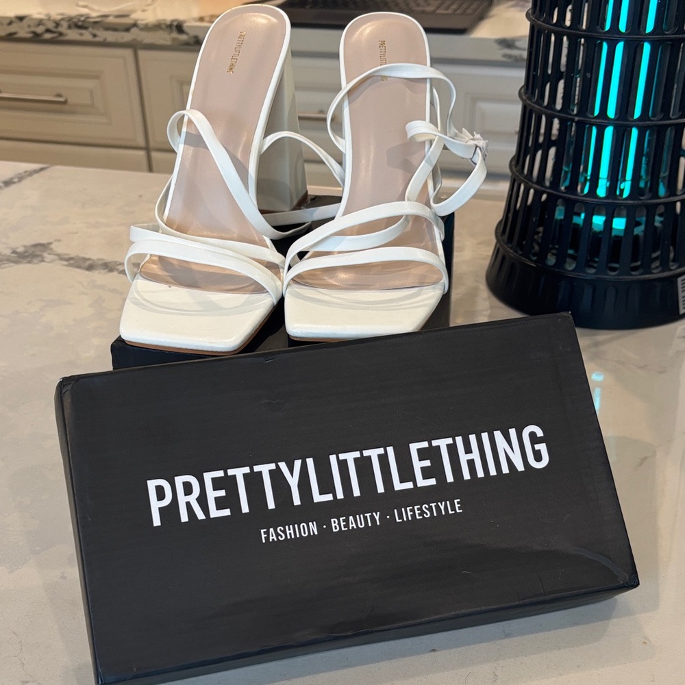PrettyLittleThing White Strappy Square Toe Block Heels